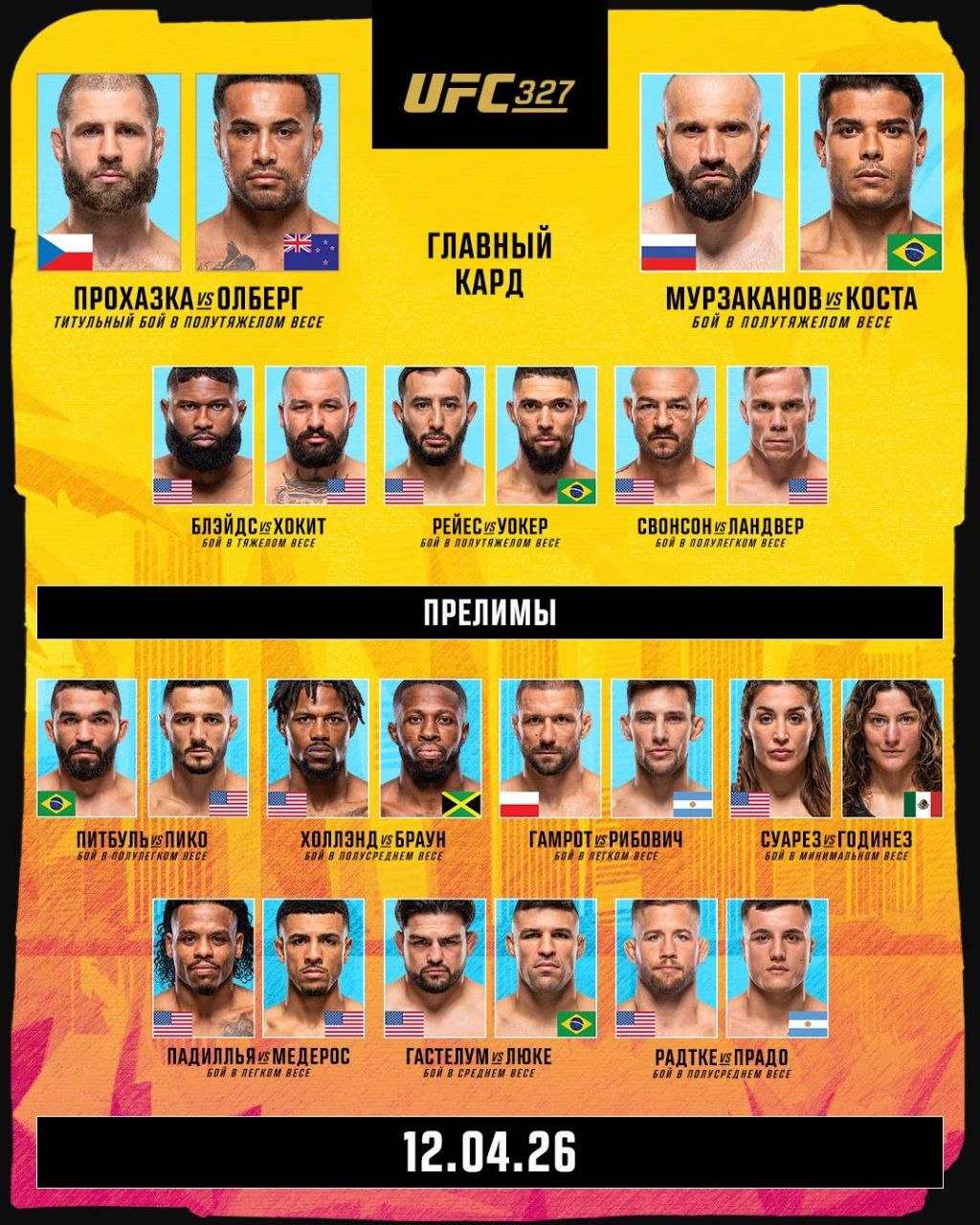 кард UFC 327: Прохазка vs Улберг смотреть онлайн прямой эфир