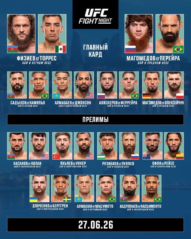 Смотреть UFC Fight Night 280: Физиев — Торрес прямой эфир 27 июня