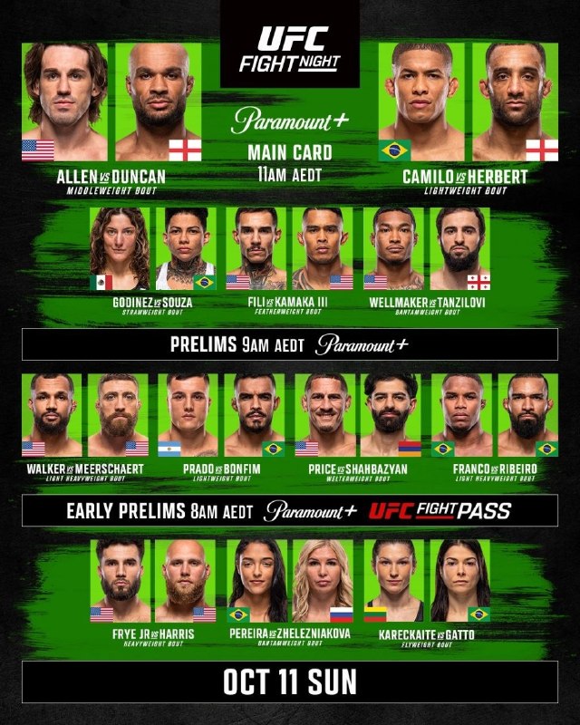 кард UFC Fight Night 290 Аллен - Данкан прямой эфир 11.10.2026