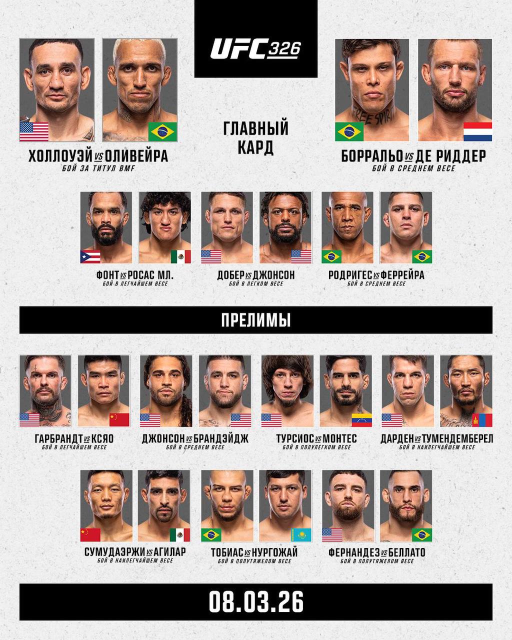 UFC 326 кард прямой эфир